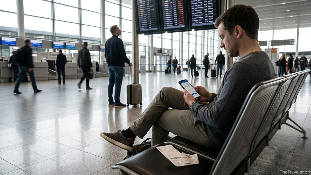 Traveler in a European airport checking flight compensation on a phone near a delayed departures board.