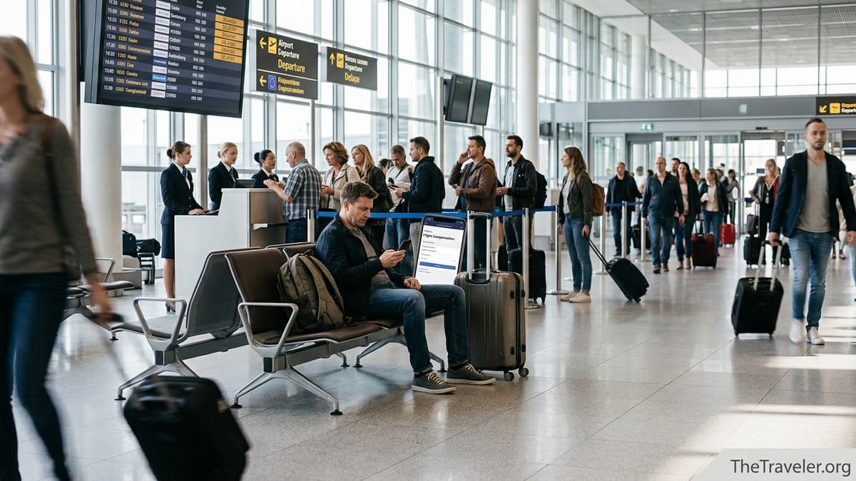 Traveler in a busy European airport checking a flight delay compensation claim on a smartphone.