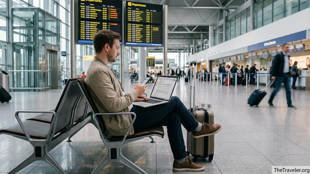 Traveler in a European airport terminal using a laptop to file a flight compensation claim.