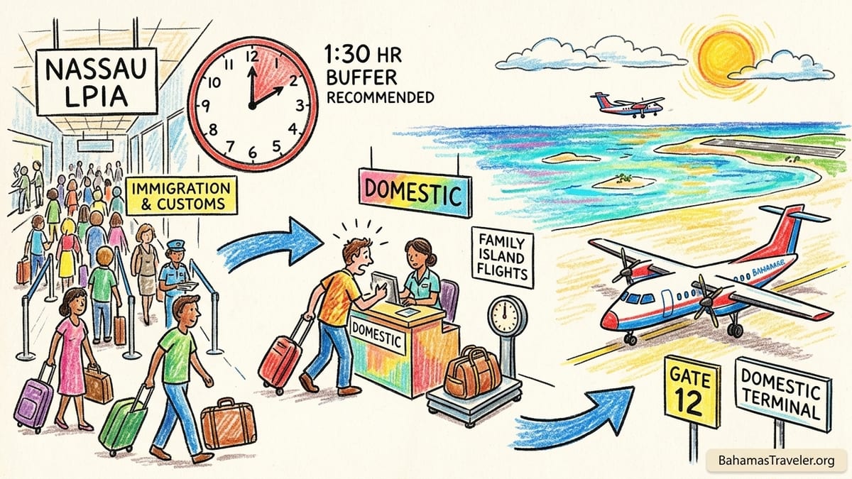 Traveler checks in for a Nassau domestic flight as bags are weighed, with a small turboprop visible outside.
