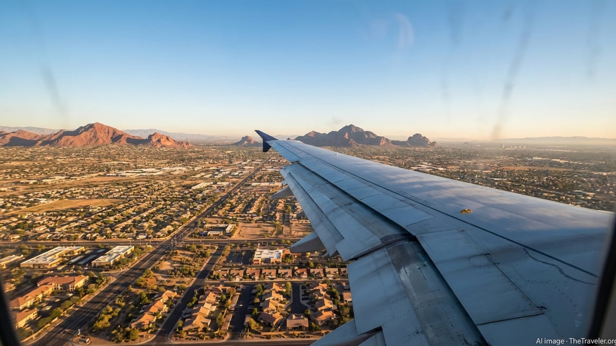 Aerial view of Phoenix and the Arizona desert from an airplane window at sunset.