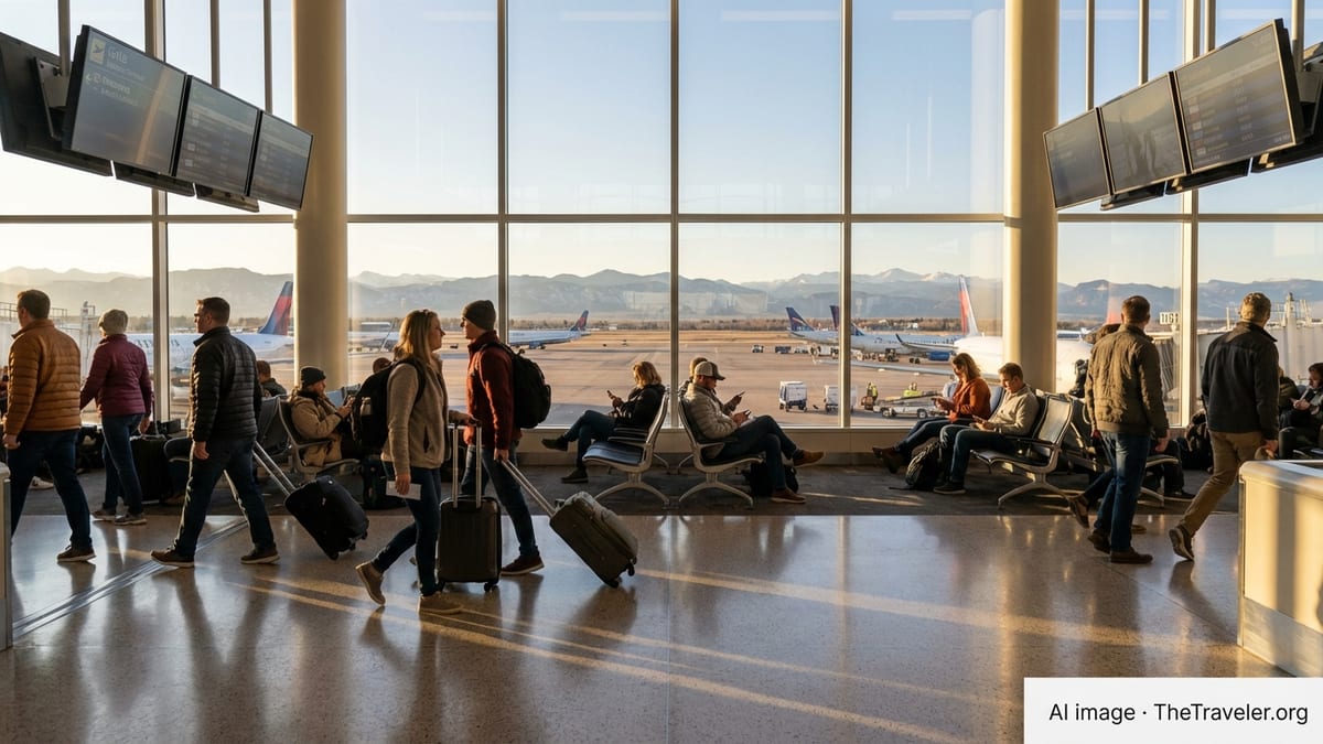 Travelers with luggage at Denver International Airport concourse with Rocky Mountains visible through large windows.