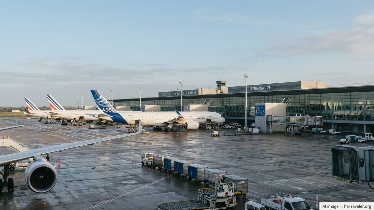Morning view of aircraft at Paris Charles de Gaulle Airport terminal apron