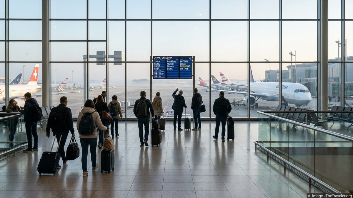 Travelers walking toward gates in a bright airport terminal with planes to Germany outside large windows.