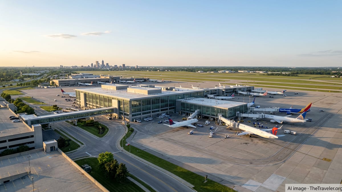 Aerial view of Indianapolis International Airport terminal and runways at golden hour.