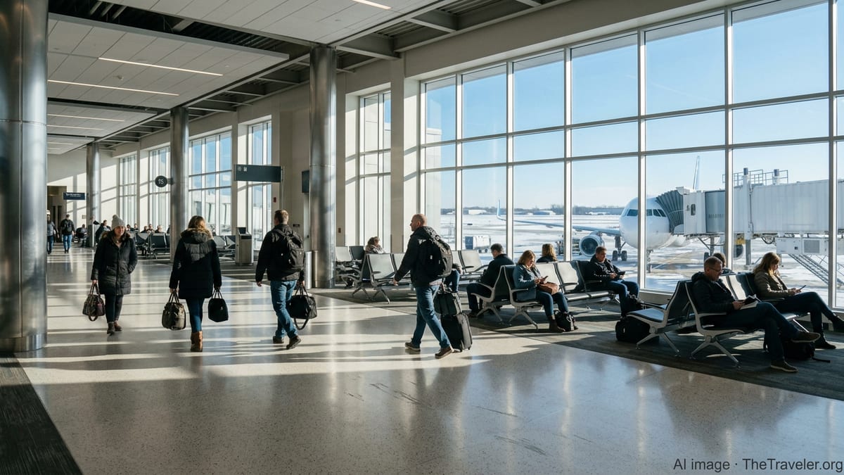 Travelers at a gate in Des Moines International Airport looking out at a jet on a winter day