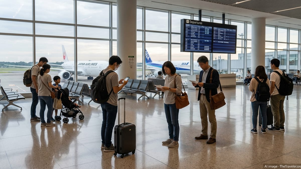 Travelers at an airport gate waiting to board a flight to Japan with planes outside large windows.