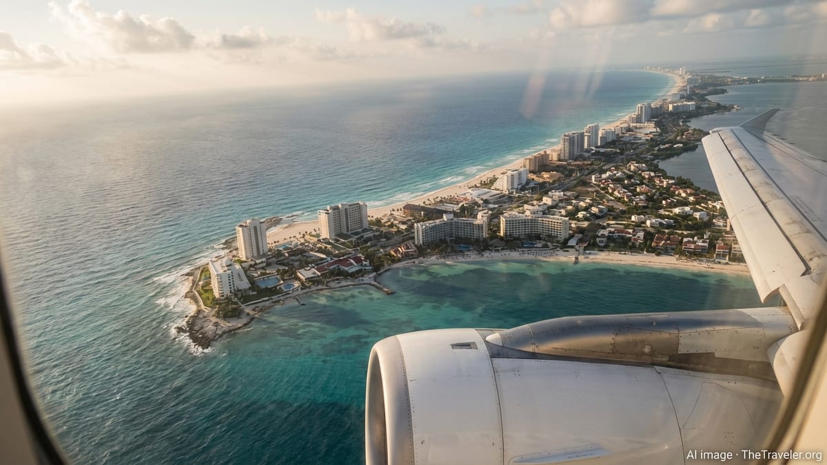 Airliner wing over Mexico’s turquoise coast and resort skyline at golden hour