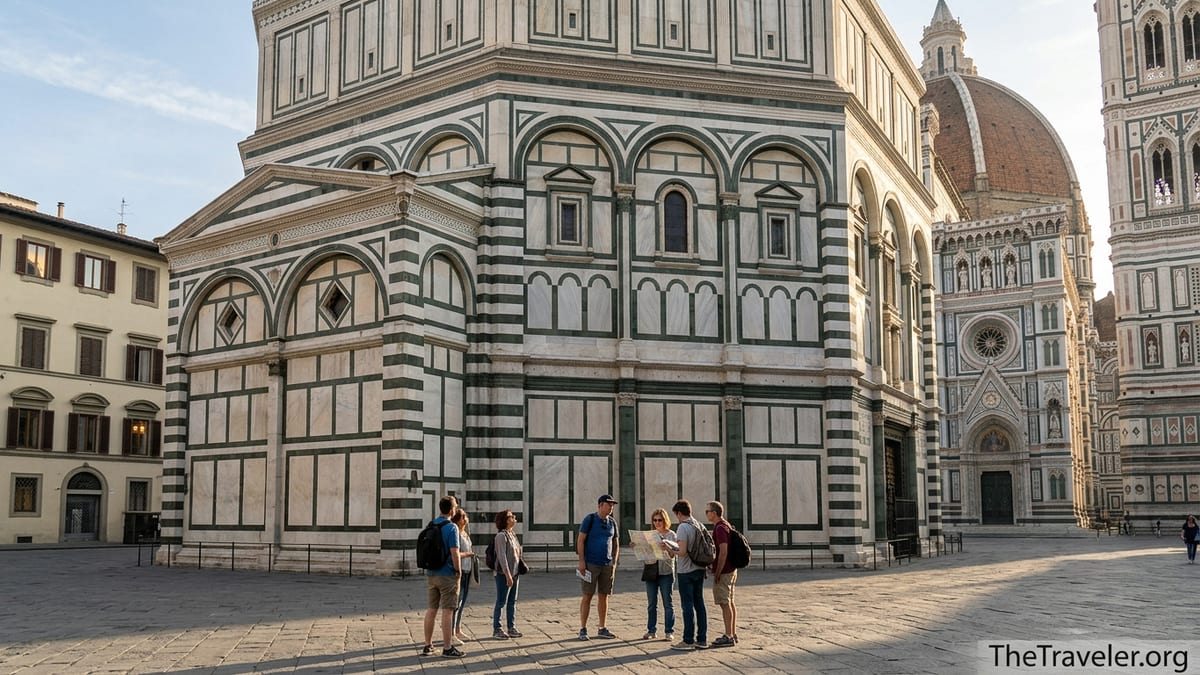 Early morning view of Florence’s Baptistery of San Giovanni with visitors in Piazza del Duomo.