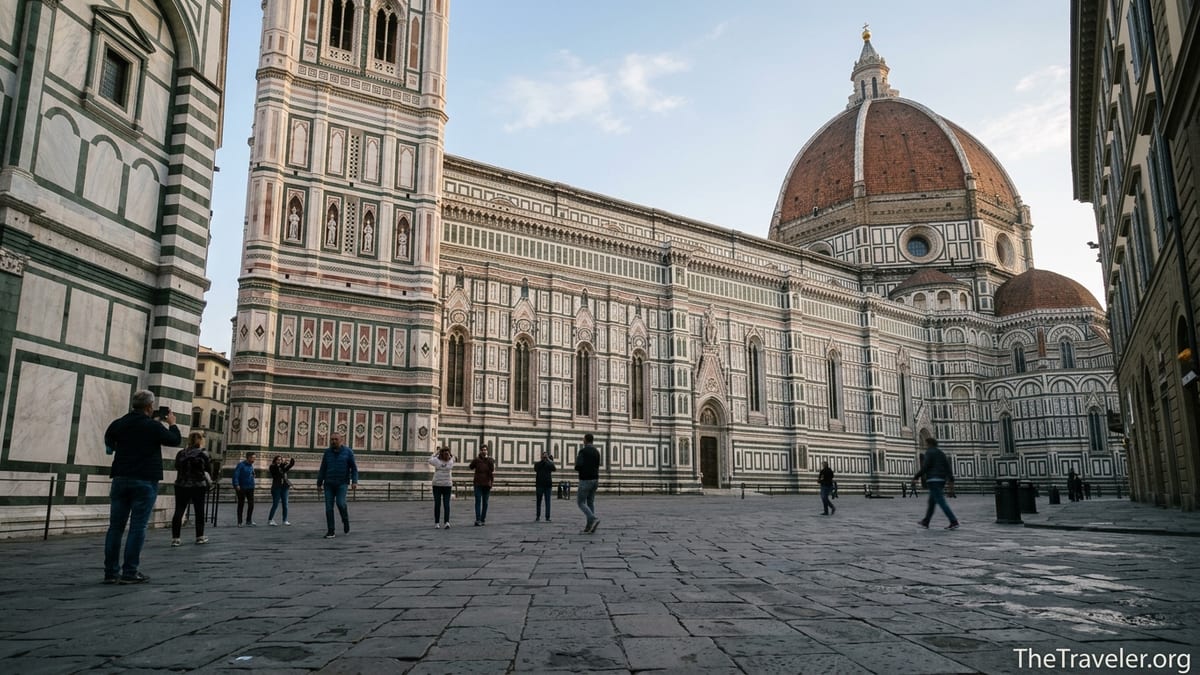 Morning view of Florence’s Cathedral of Santa Maria del Fiore with dome and bell tower from Piazza del Duomo.