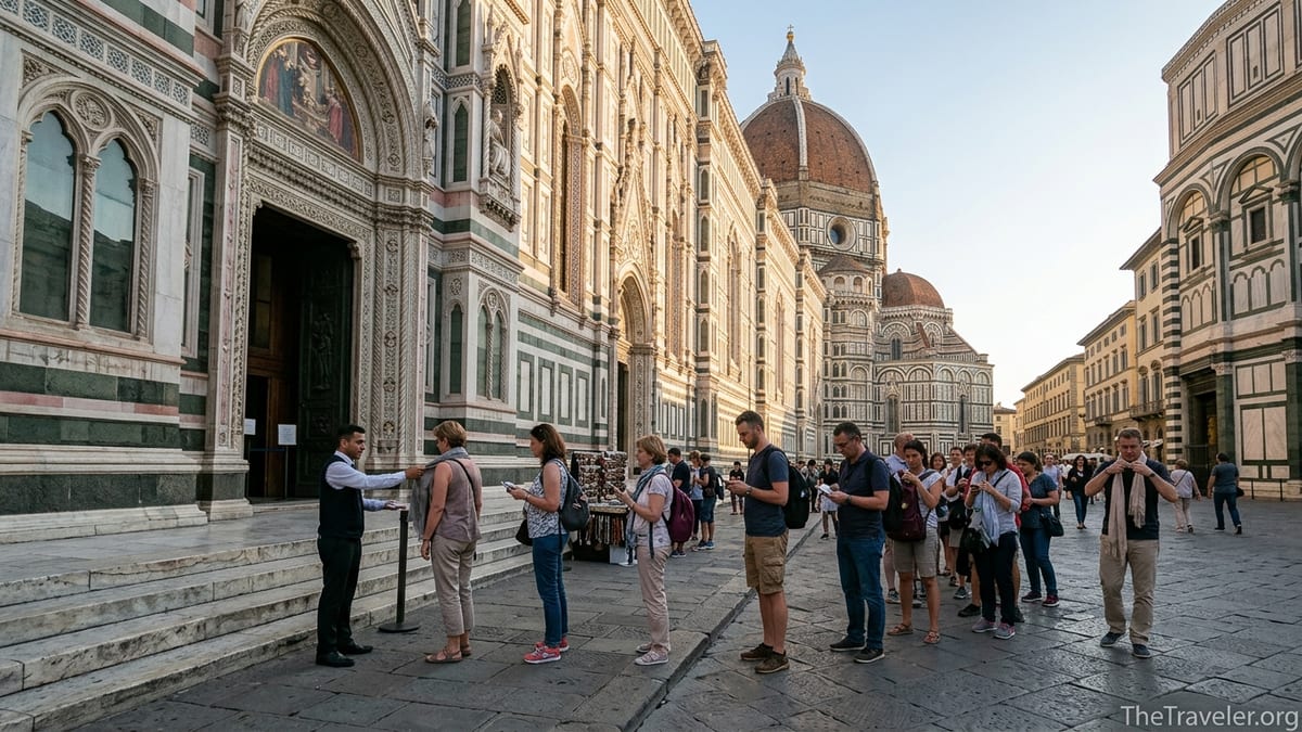 Morning visitors queue outside Florence’s Cathedral of Santa Maria del Fiore under Brunelleschi’s dome.