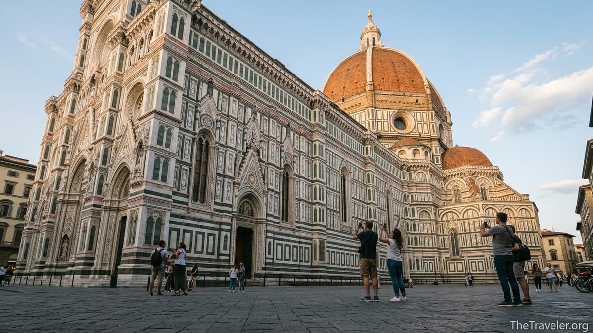 Florence’s Cathedral of Santa Maria del Fiore and dome at golden hour seen from Piazza del Duomo.