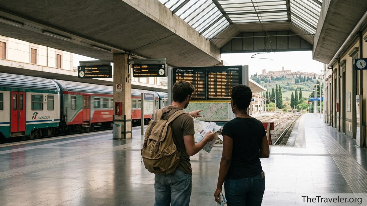 Travelers studying departure board at Florence station choosing Tuscan day trips.