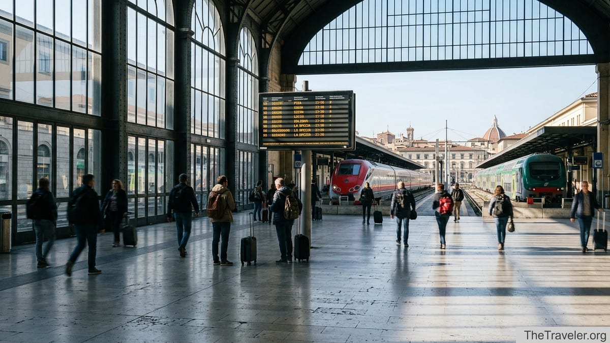 Travelers at Florence Santa Maria Novella station checking day-trip trains under a glowing departures board.