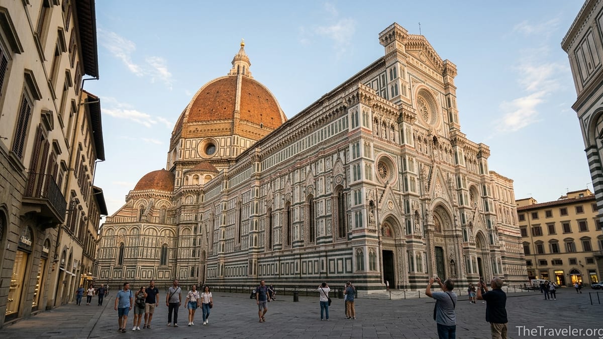 Florence’s Cathedral of Santa Maria del Fiore and its dome at golden hour with visitors in Piazza del Duomo.