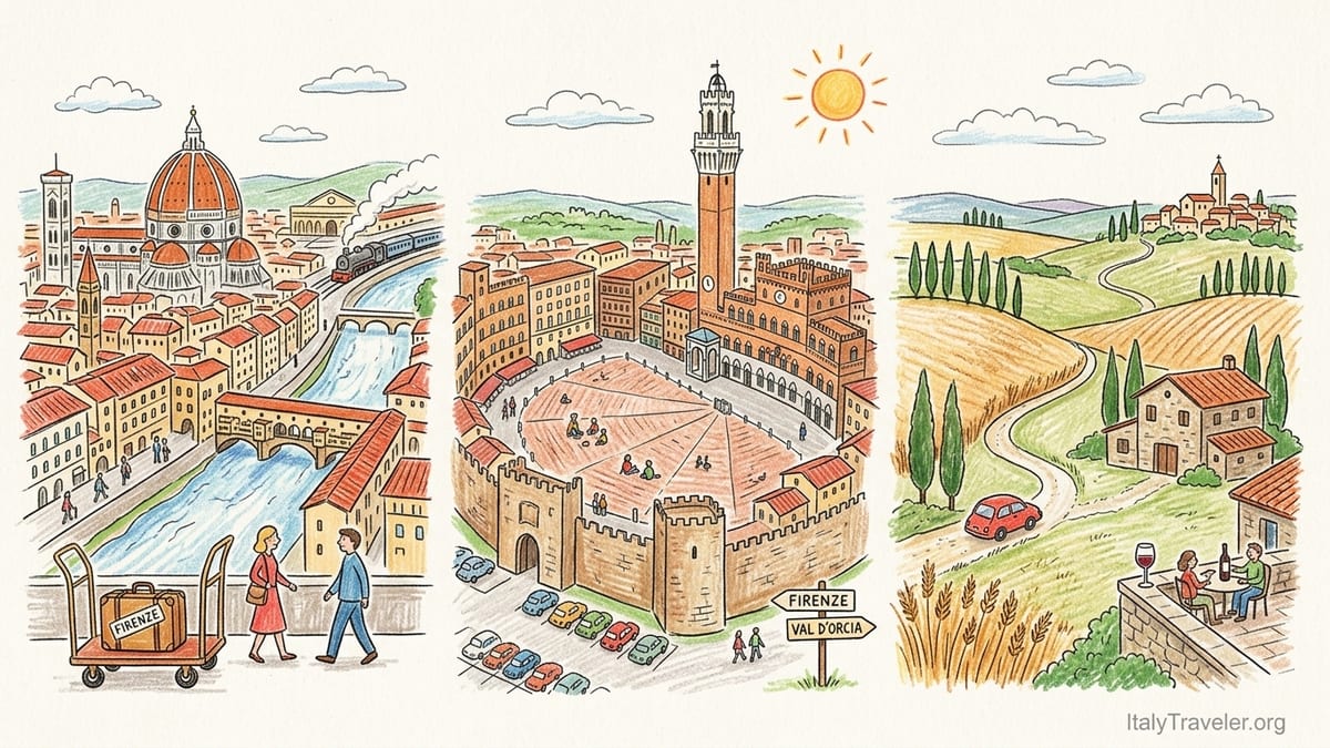 Sunrise over Tuscany’s Val d’Orcia with cypress-lined road and stone farmhouse