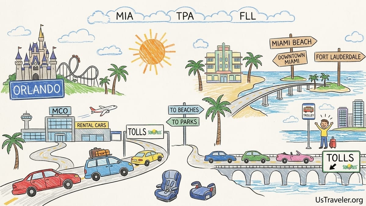 Rental cars parked at a scenic pull-off on the Florida Keys Overseas Highway at sunset.