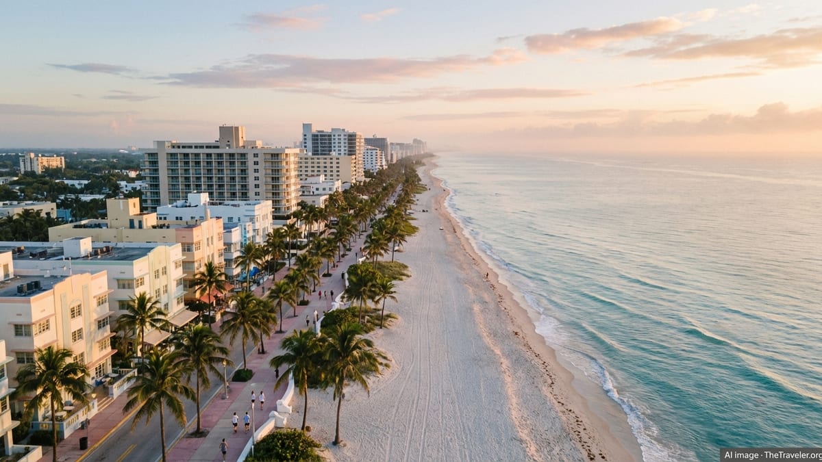 Aerial sunrise view of a Florida beach with calm turquoise water, white sand and palm lined hotels.