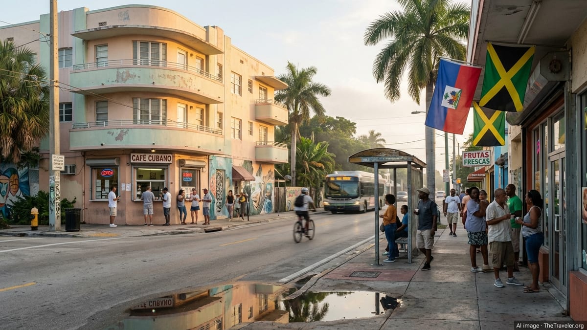 Sunrise street scene in Miami with Art Deco buildings, Cuban café, murals, and locals gathering.
