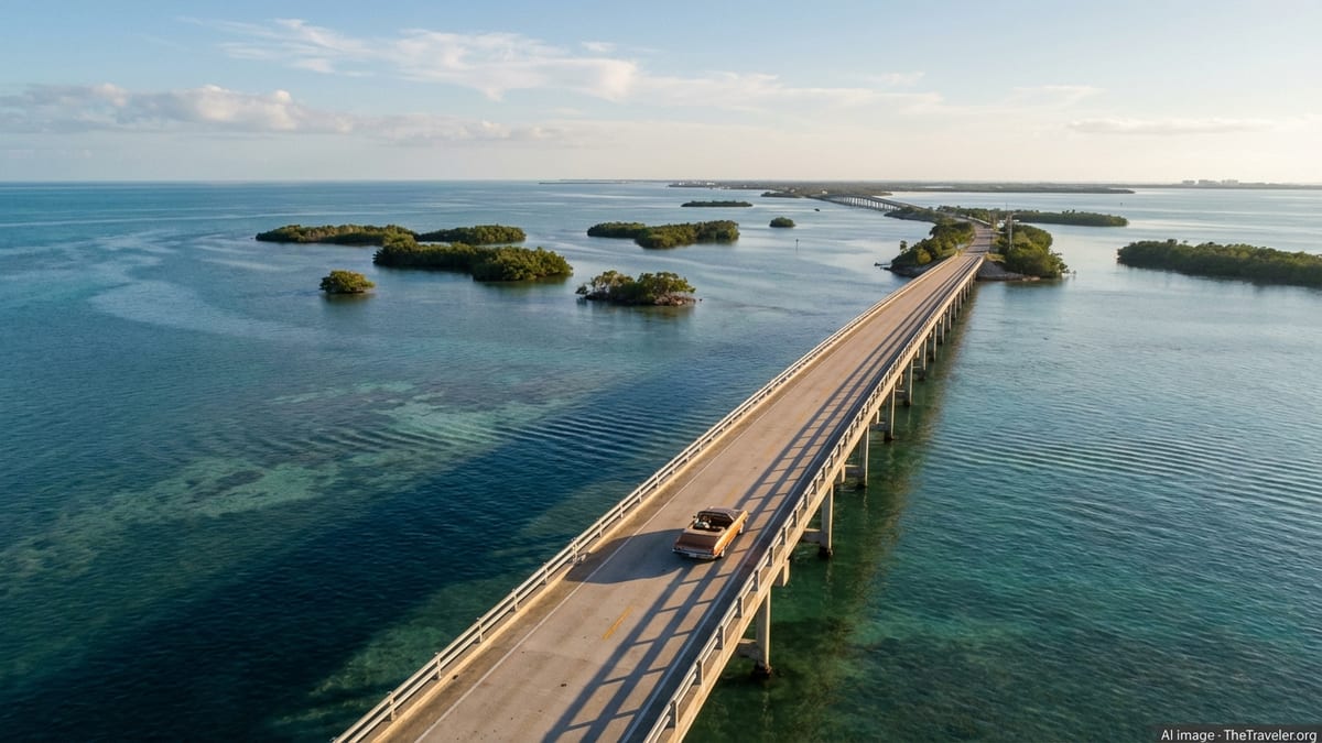 Car driving along Florida Keys Overseas Highway over turquoise water at golden hour
