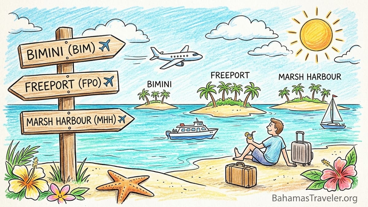 Traveler heading to a Miami gate for a short nonstop flight to the Northern Bahamas, with a small regional jet outside.