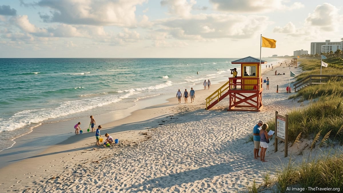 Florida beach at sunset with lifeguard tower, warning flags, and tourists near the shoreline.