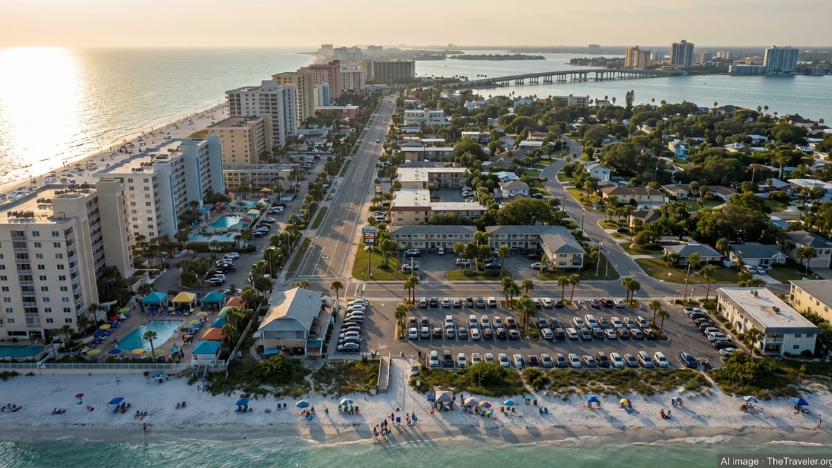 Aerial view of Florida beach resorts beside cheaper inland motels at sunset.