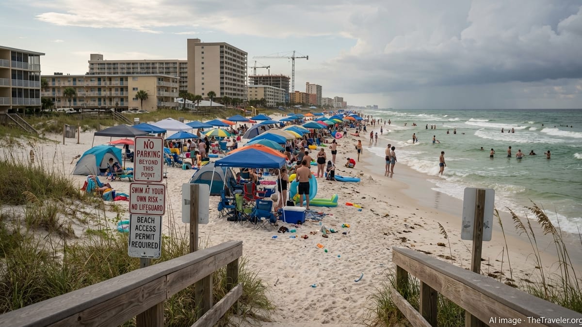 Crowded Florida Gulf Coast beach with packed umbrellas, hazy sky, and condos lining the shore.
