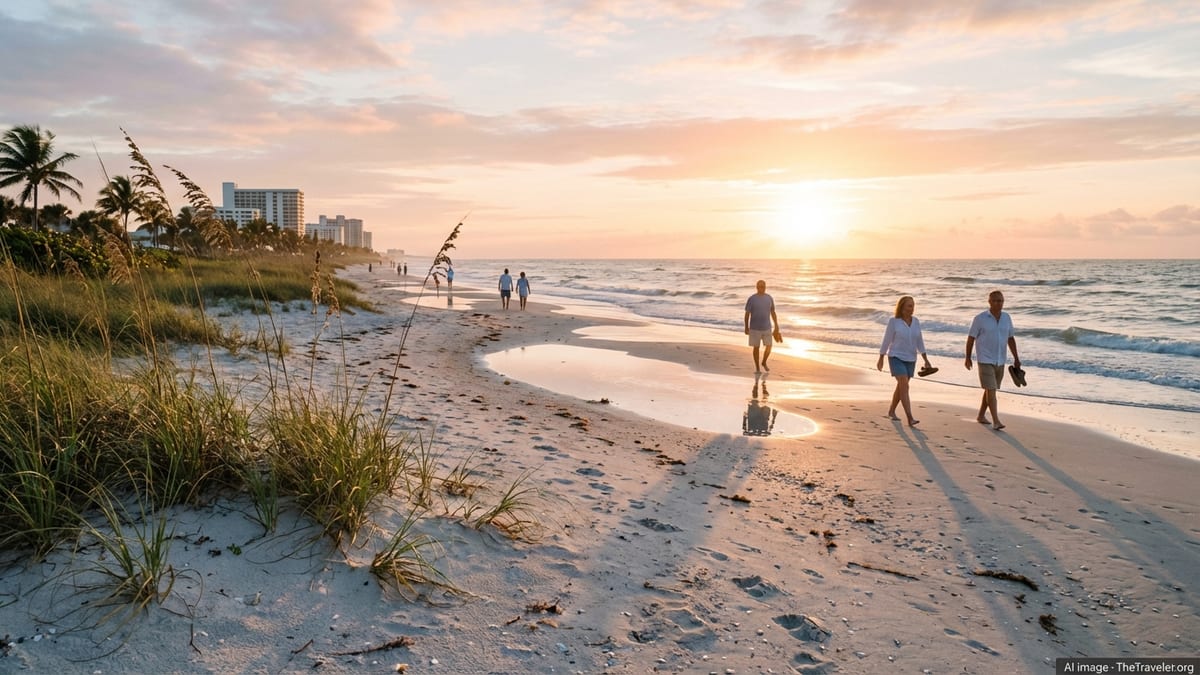 Sunrise over a Florida beach with walkers on the shoreline and palm lined coast.