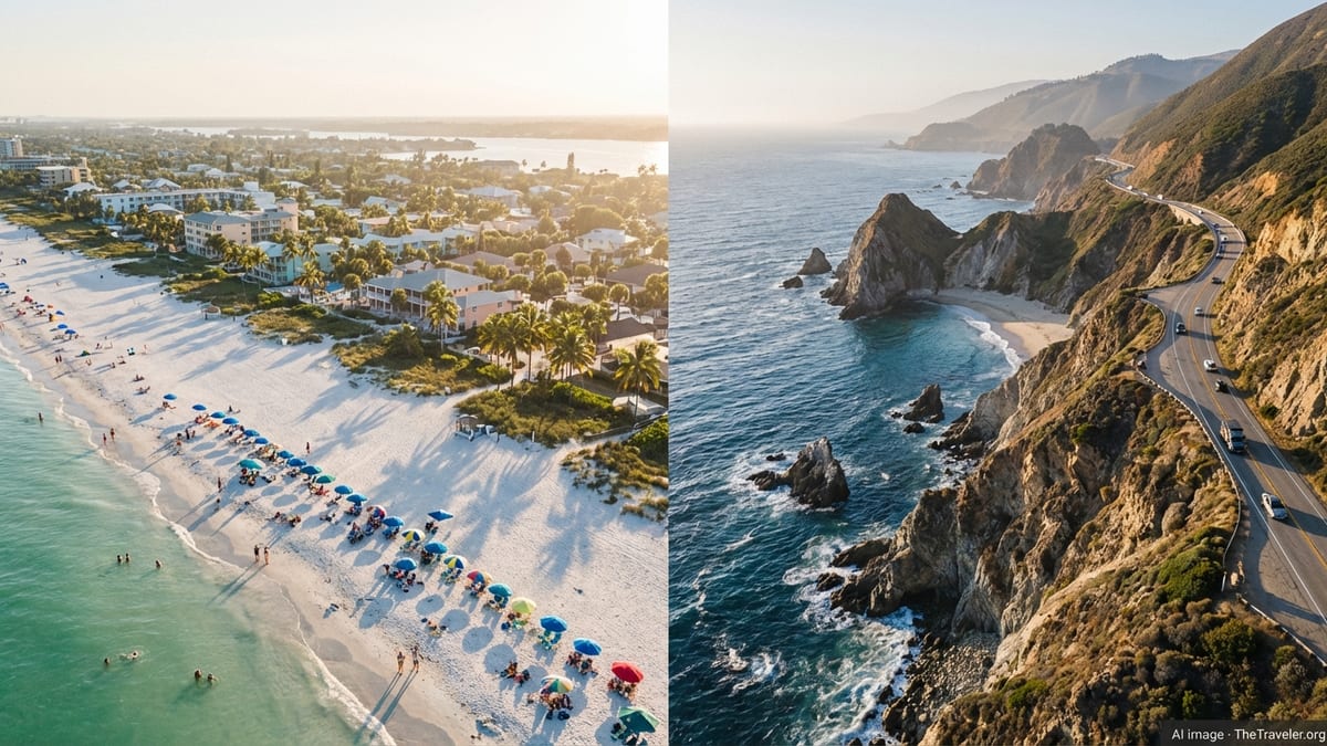 Aerial view contrasting a calm Florida beach with a rugged California cliff-lined coast at sunset.