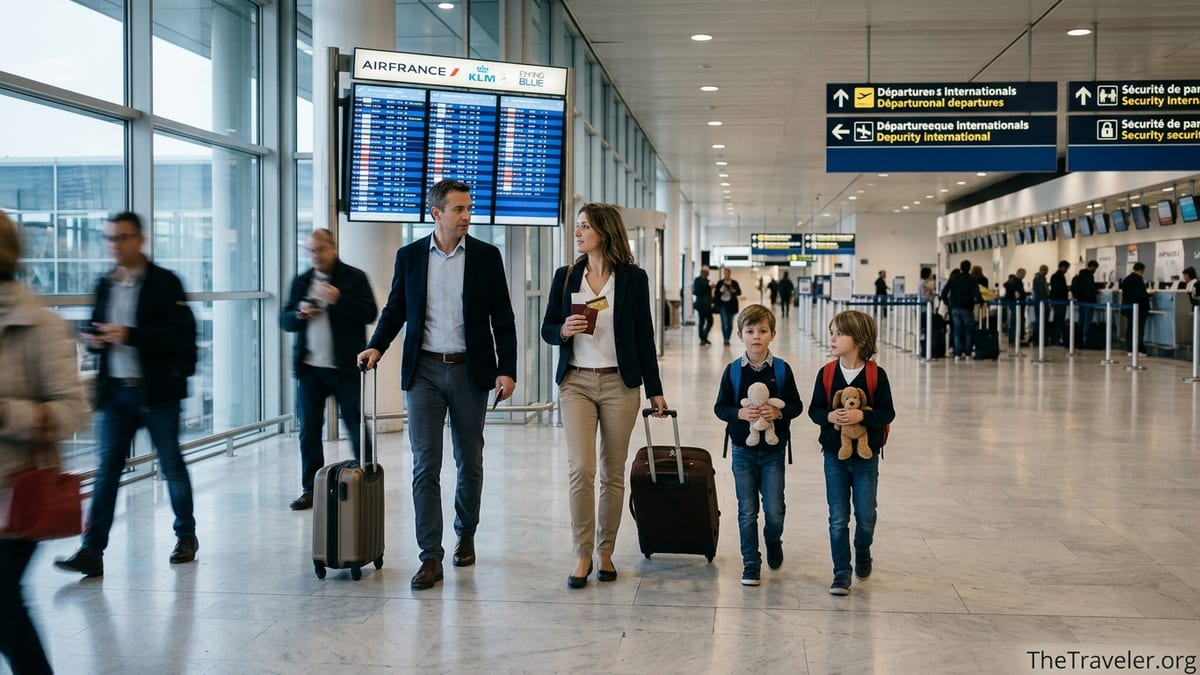 Family with children walking through a European airport terminal for an international flight.