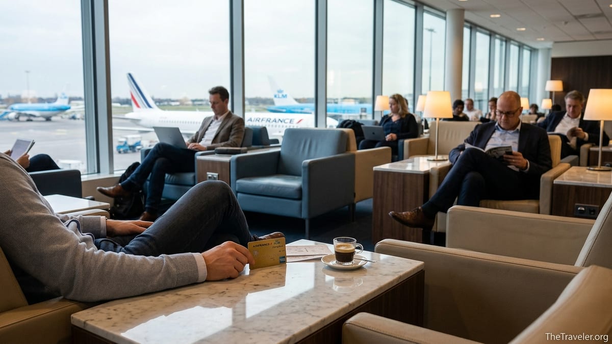 Traveler in Air France KLM lounge at Schiphol placing a gold Flying Blue Amex beside a boarding pass and coffee.