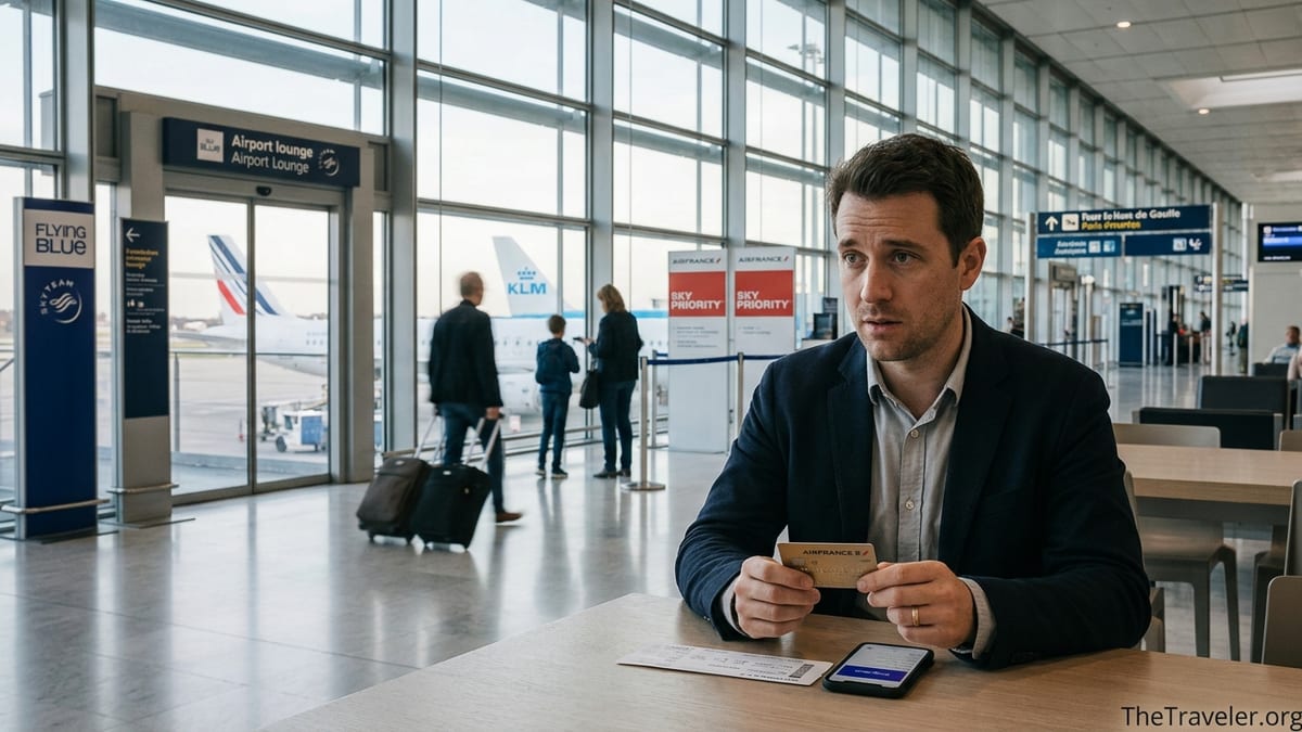 Traveler at Paris CDG reviewing a Flying Blue Gold Amex card near an Air France KLM gate.