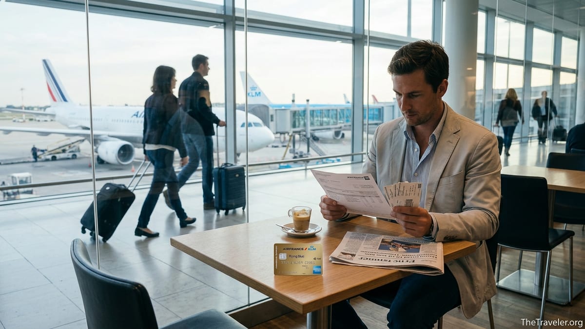 Traveler reviewing an Air France KLM Flying Blue Gold Amex card statement in an airport lounge.