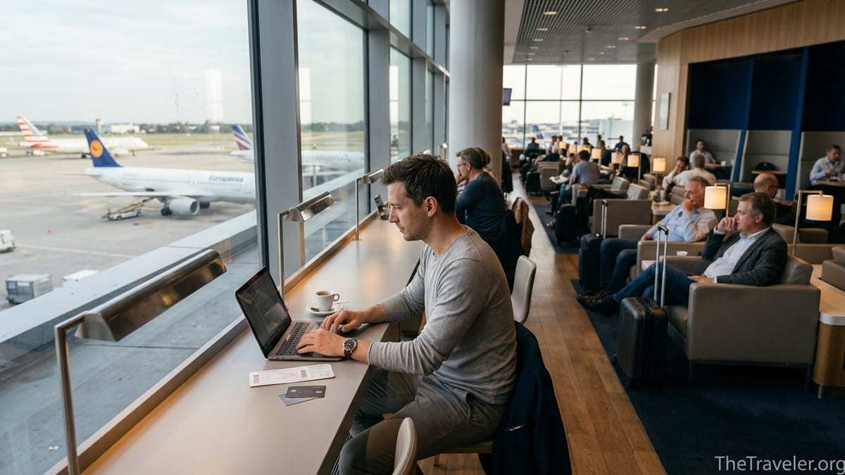 Traveler in an airport lounge comparing premium travel credit cards by a window.