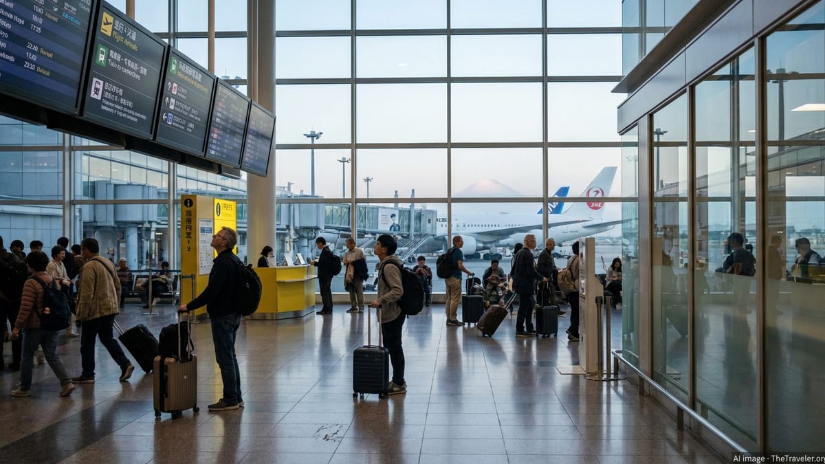 Travelers walking through Haneda Airport arrivals hall with planes outside at dawn.