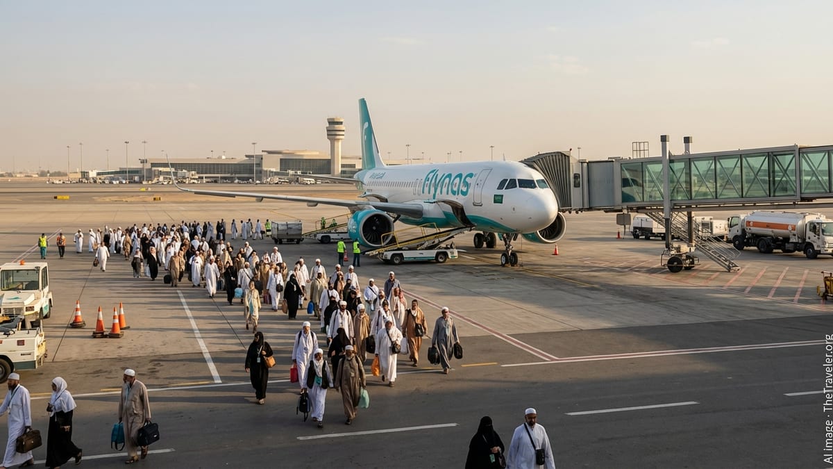 Flynas Airbus aircraft boarding Umrah pilgrims on a busy Ramadan afternoon at Jeddah airport.