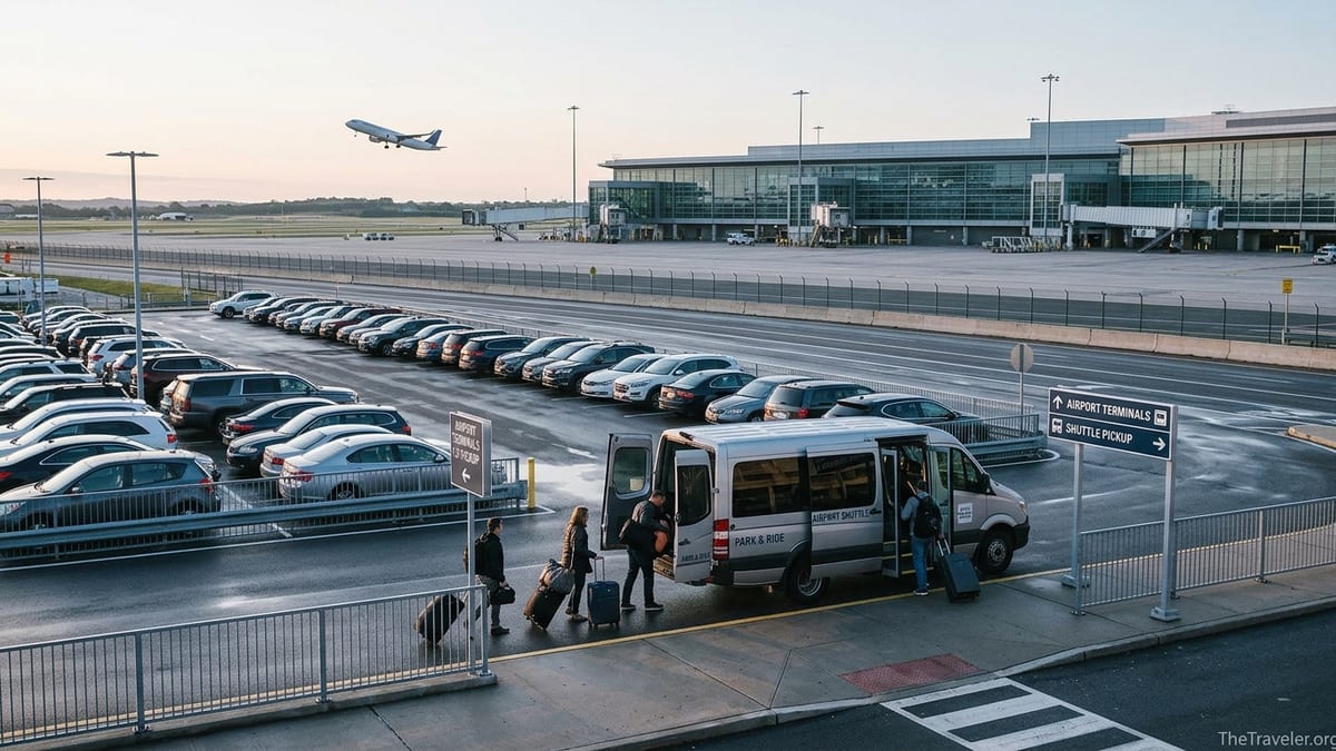Travelers boarding an off-airport shuttle at sunrise with an airport terminal in the background.