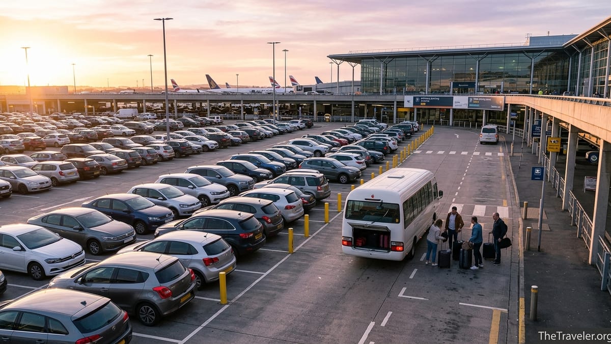 Travellers boarding an airport parking shuttle beside a busy terminal at sunrise.