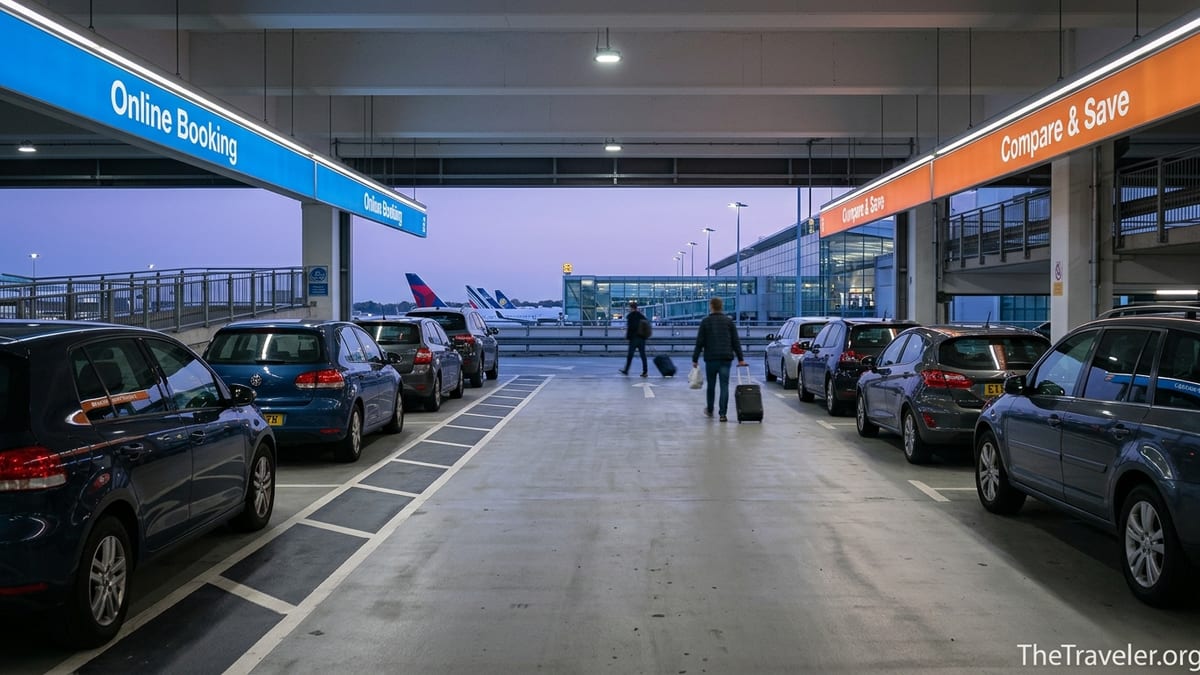 Travelers walking through an airport parking lot at dusk with terminal in background.