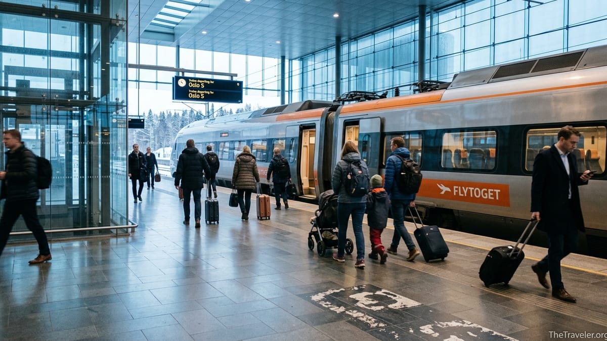 Travelers boarding the Flytoget airport express train at Oslo Airport Gardermoen platform.