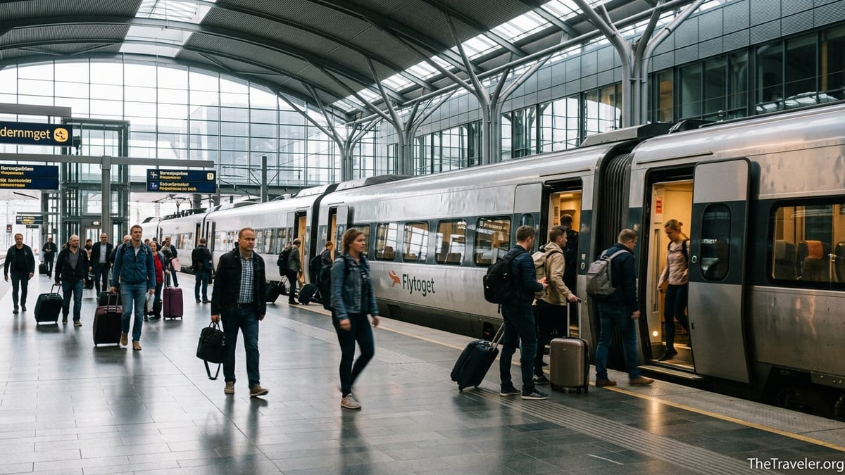 Passengers boarding a Flytoget Airport Express Train at Oslo Airport station in natural morning light.