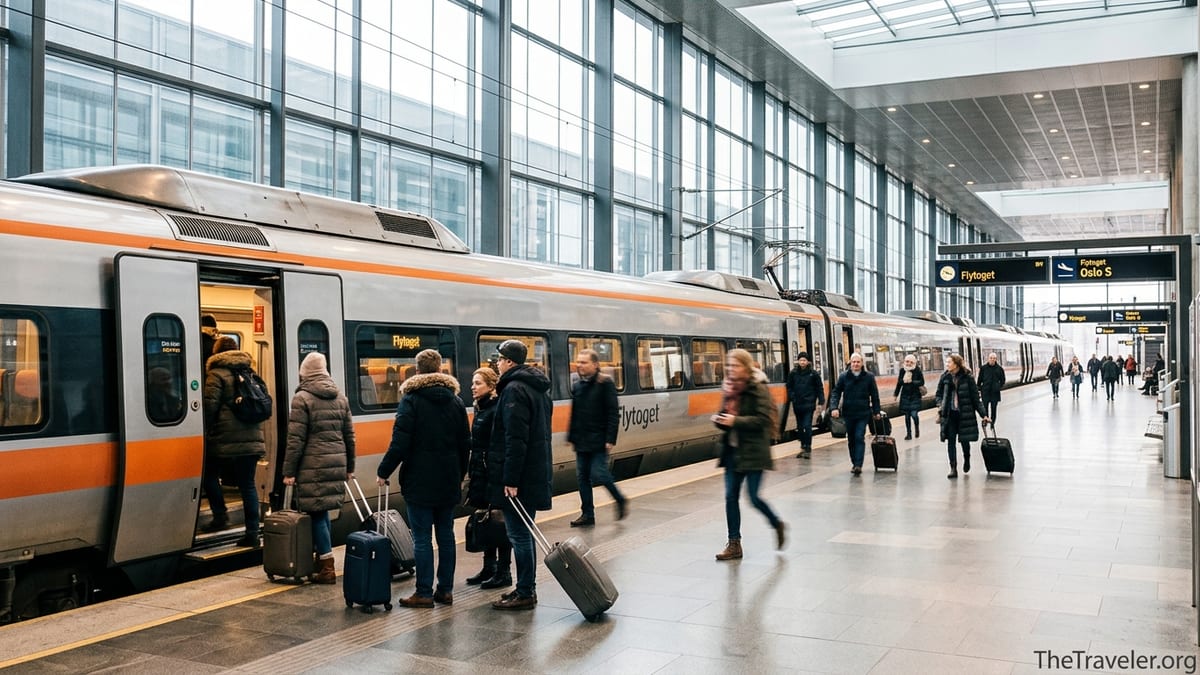 Travelers boarding the Flytoget airport train at Oslo Airport Gardermoen platform.