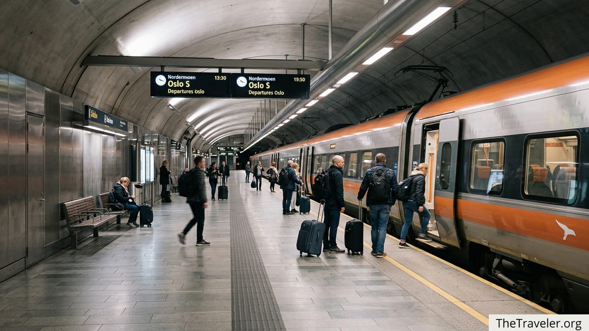 Travellers boarding a Flytoget airport express train at Oslo Airport station platform.