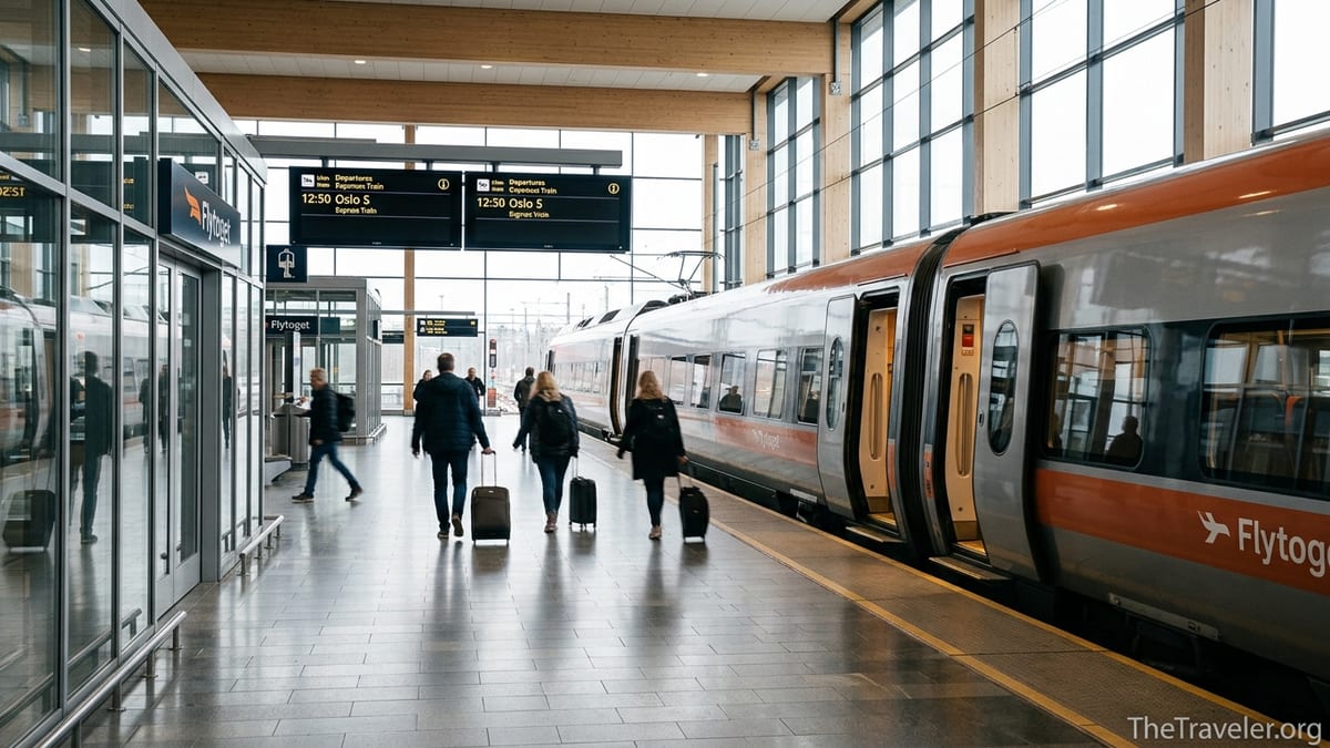 Passengers boarding a Flytoget Airport Express Train at Oslo Airport station.