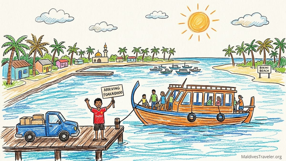 Working harbour on Foakaidhoo island with fishing dhonis, village backdrop and a modestly dressed visitor at sunset.