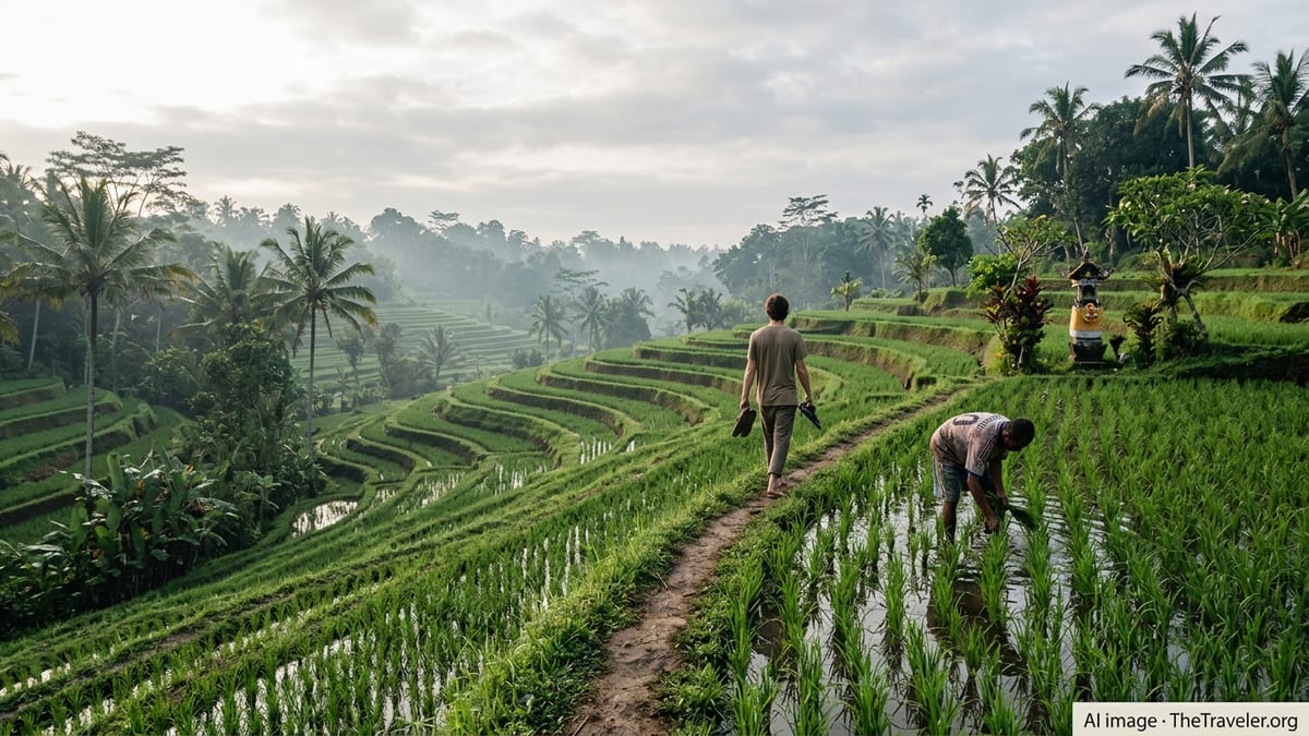 Traveler walking along a narrow path through misty Bali rice terraces at sunrise.