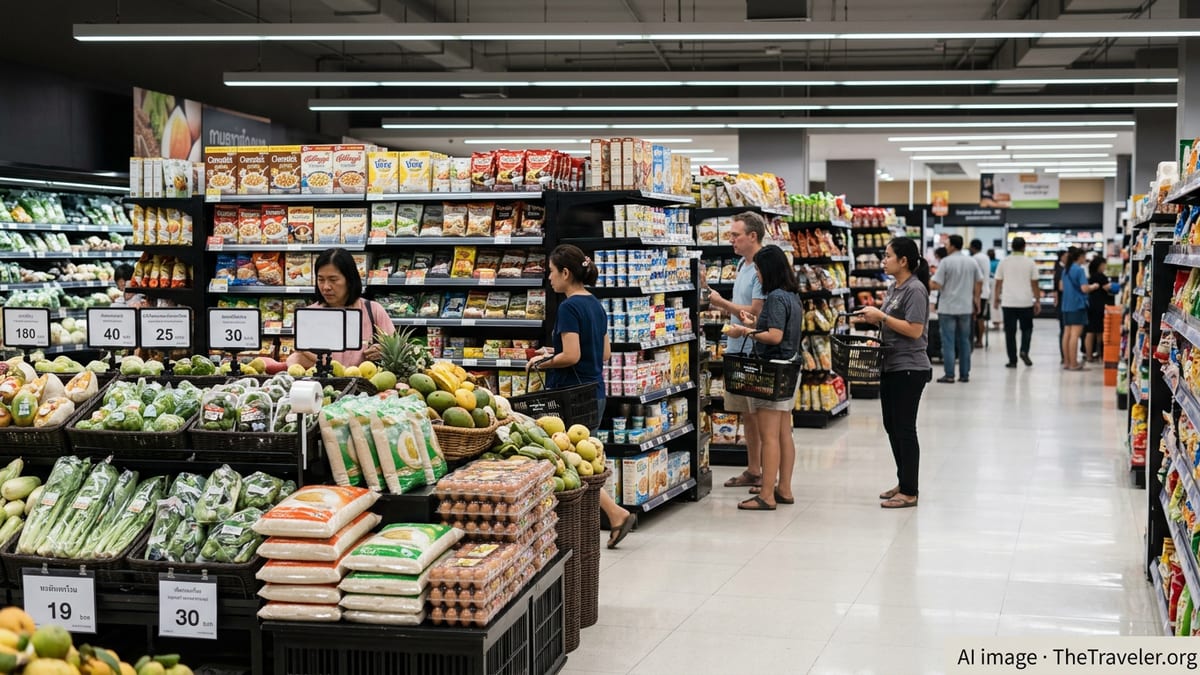 Foreign residents and locals shopping in a Thai supermarket aisle with fresh produce and groceries.