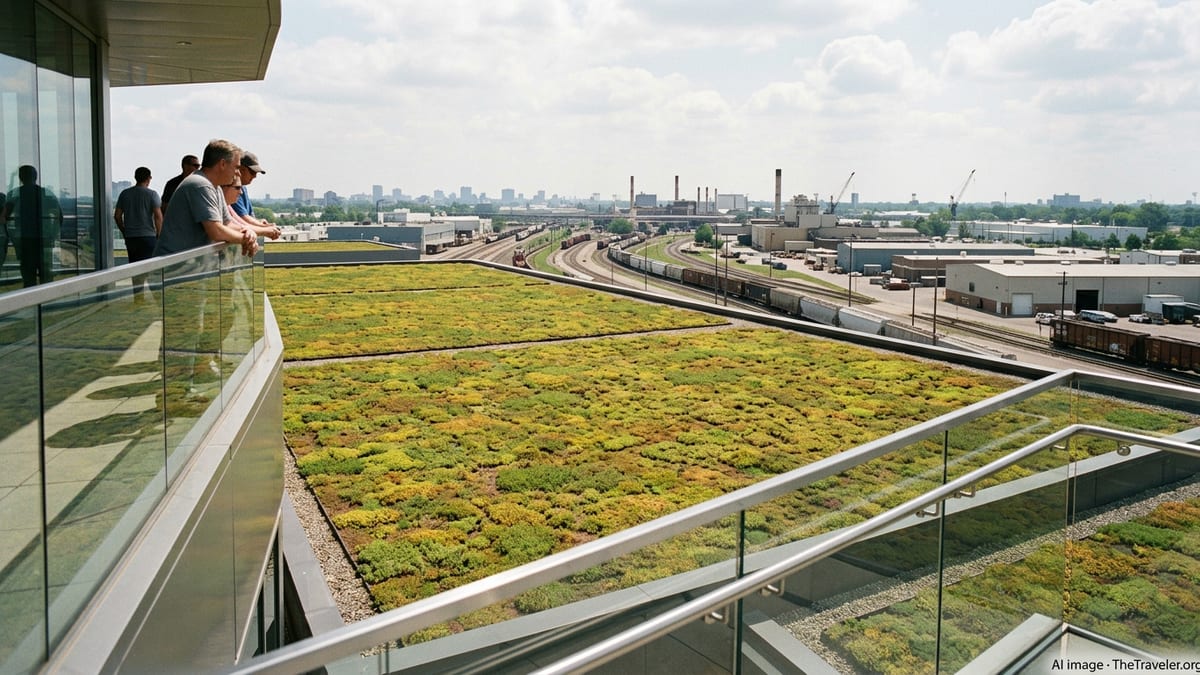 View from Ford Rouge Factory Tour observation deck over the Dearborn Truck Plant living roof in Dearborn, Michigan.
