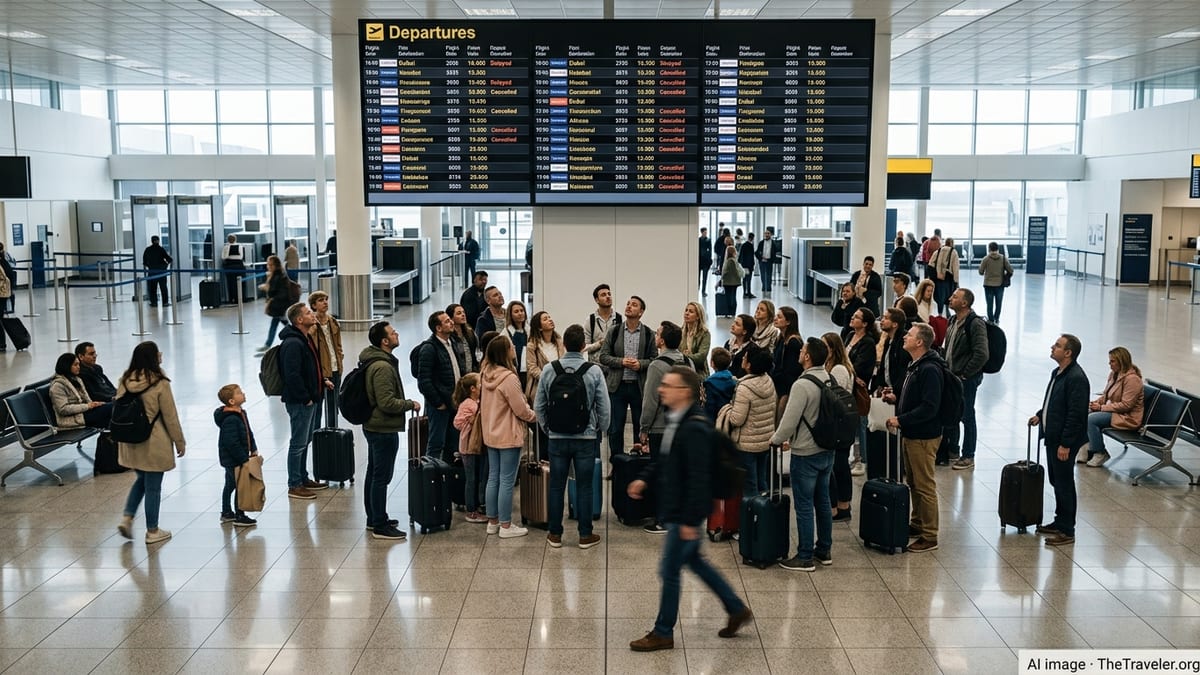 Crowded airport departures hall with travelers watching a board showing flights to Dubai, Istanbul and Athens.
